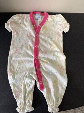White Baby Romper with Pink Trim and Pastel Animal Print 80’s